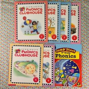 Scholastic Phonics Clubhouse Workbooks 1-4, 6, 8 and a Jump Start book.